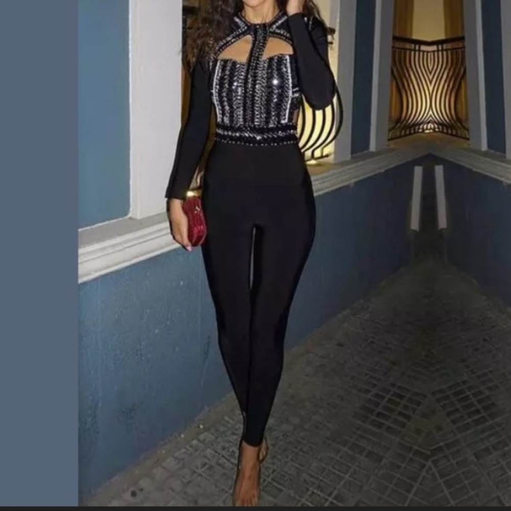 Black Long Sleeve Jumpsuit with Geometric Accents - Size L